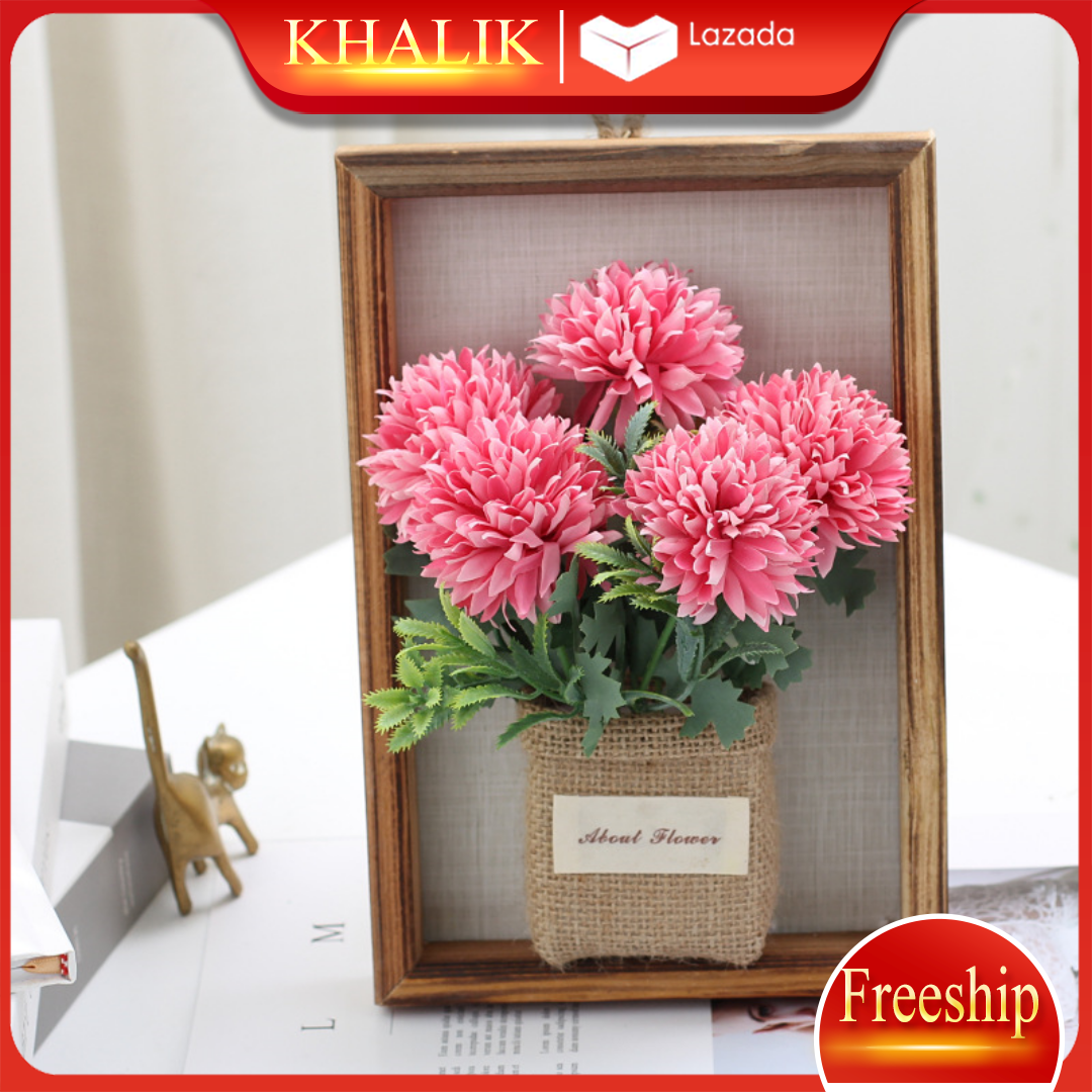 [FREESHIP] Hoa giả trang trí  KHALIK kiểu khung ảnh treo tường, hoa cúc phong cách Bắc Âu -  chậu hoa bằng vải bố kèm khung ảnh bằng gỗ - HF016-3 (nhiều màu lựa chọn)