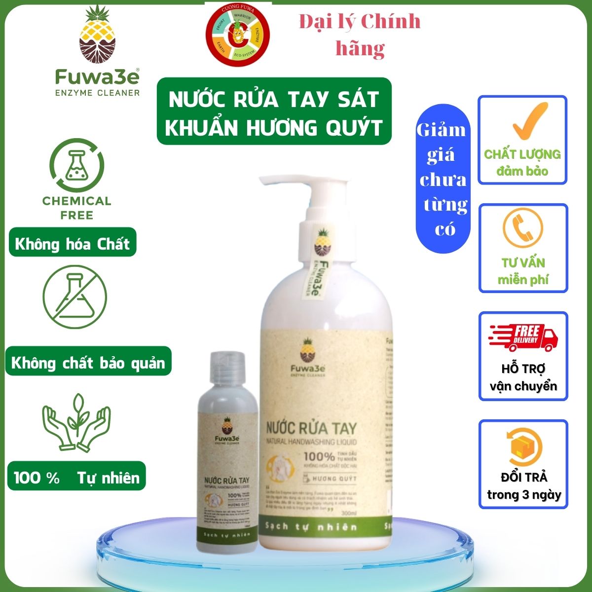 Nước rửa tay tinh dầu quýt sinh học fuwa3e sạch khuẩn - chai 300ml