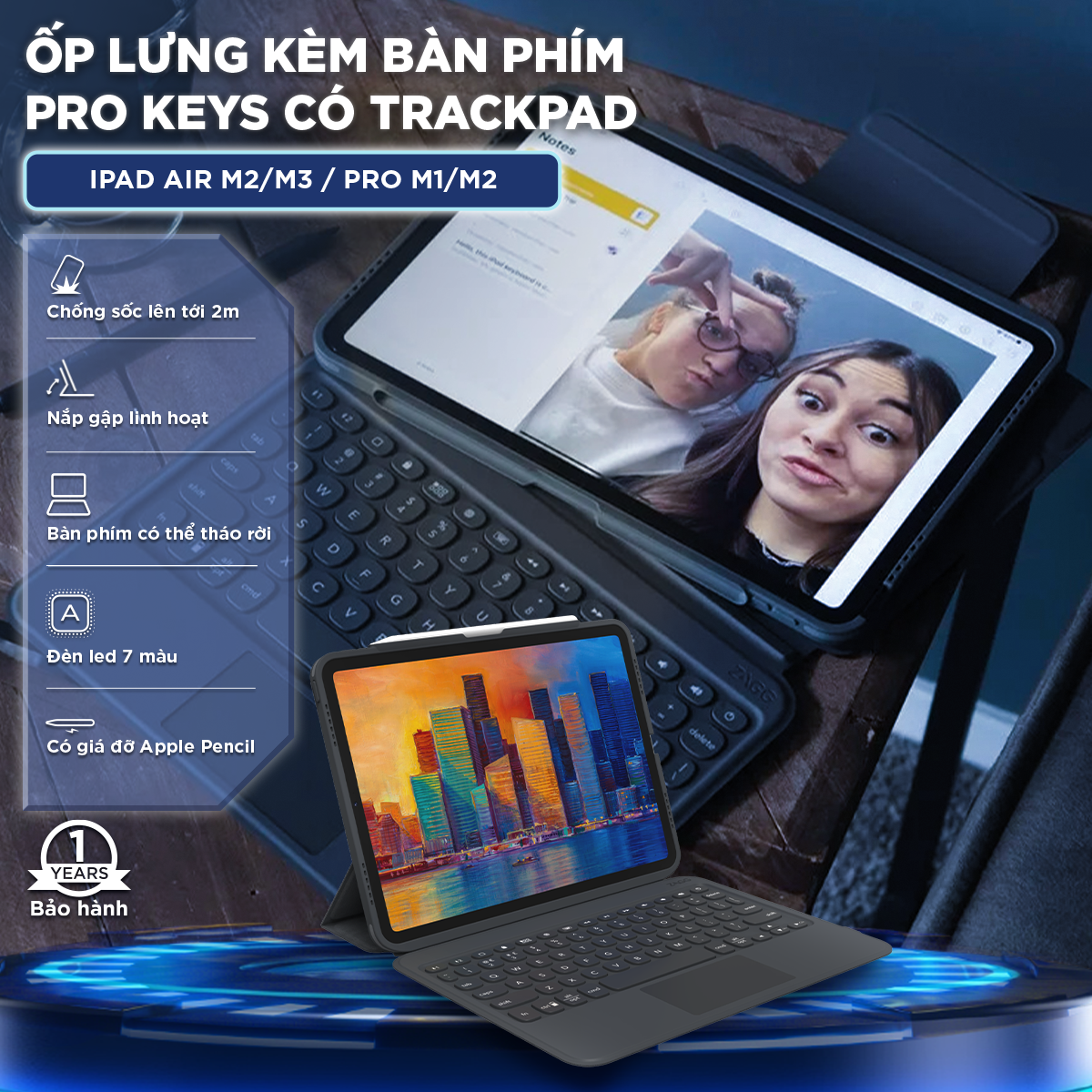  Ốp Lưng Kèm Bàn Phím ZAGG Pro Keys with Trackpad Cho iPad Pro 11inch & Air 10.9inch Gen 4 5 Air M2 M3 Pro 12.9 inch Chống Sốc 2 Mét Kết Nối Bluetooth 