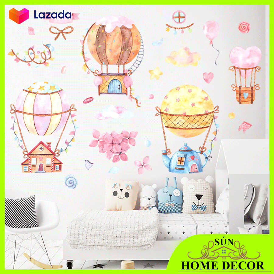 [Nhà khinh khí cầu] Decal dán tường mẫu đẹp dễ thương màu sắc tươi mới, Tranh dán tường trang trí phòng cho bé, phòng khách phòng ngủ, không gian quán coffee...