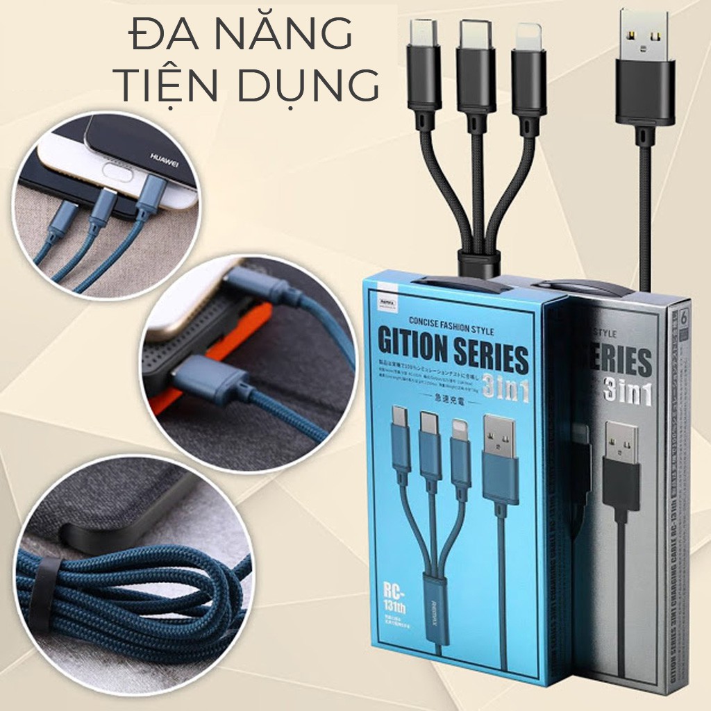 Cáp, sạc chính hãng 100% cáp sạc remax rc 131 - sạc 3 đầu micro usb /type c/lightning sạc nhanh và truyền dữ liệu tốc độ cao, cáp sạc đa năng, cáp sạc type c, cáp sạc iphone bảo hành 12 tháng