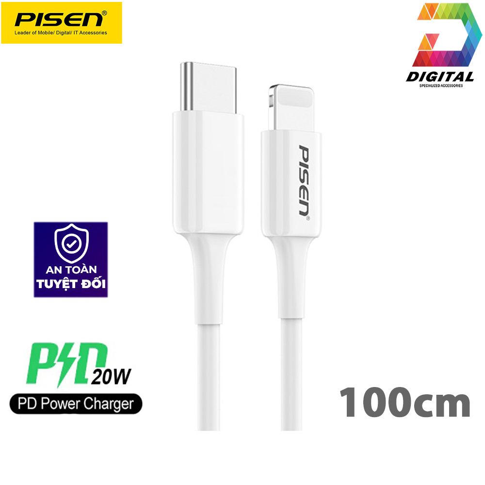 Cáp sạc nhanh pisen pd 20w dài 1 mét cổng lightning cho iphone, ipad chính hãng