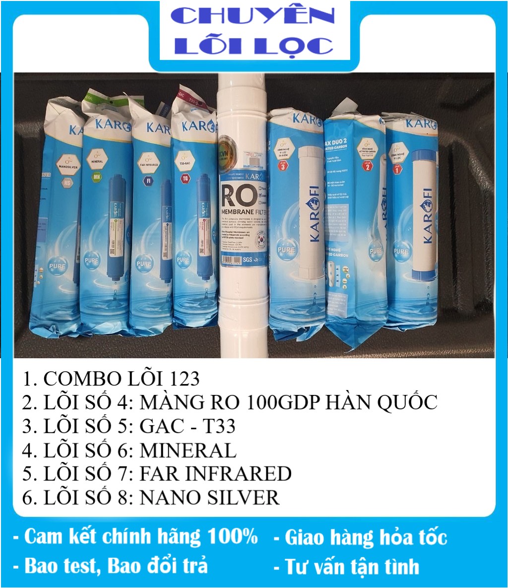 Trọn bộ Combo 8 lõi lọc nước Karofi chính hãng 12345678 - Màng RO 100 gdp Hàn Quốc (20L/H), T33, Mineral, FarinFrared, Nanosilver