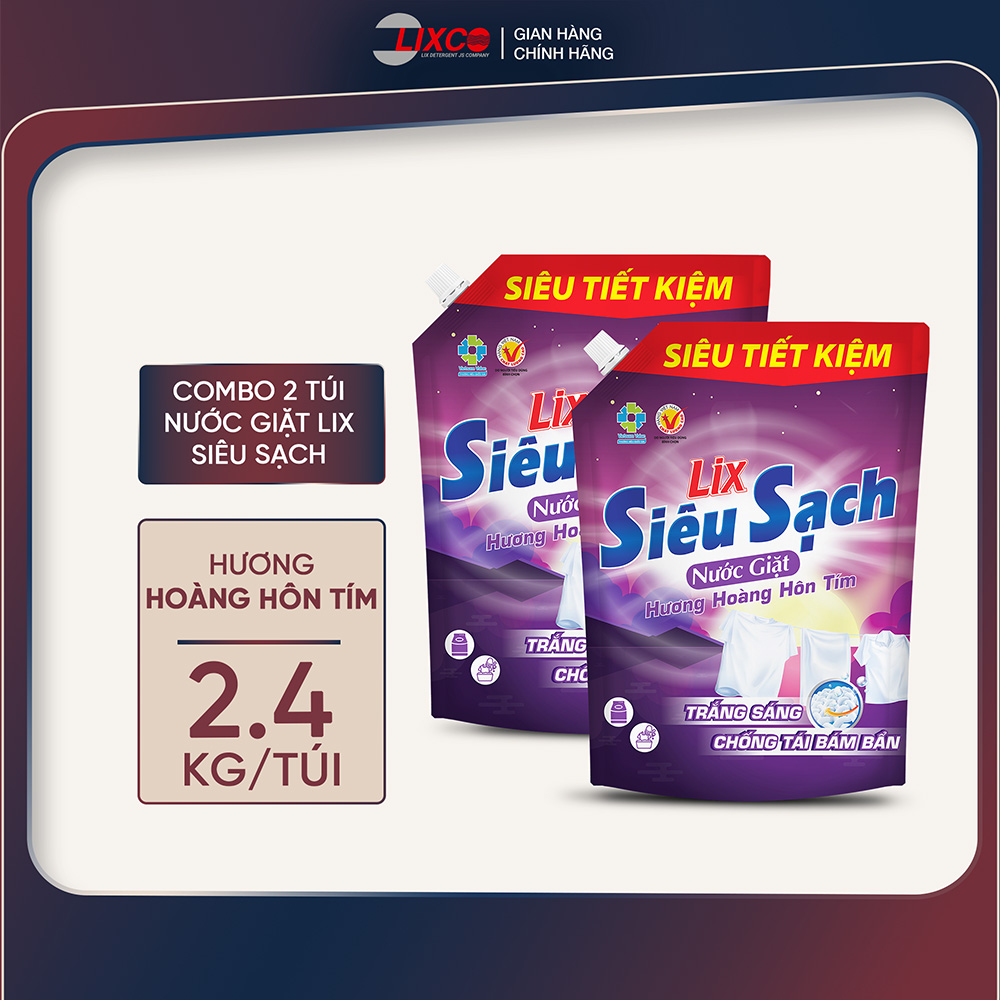 Combo 2 túi nước giặt Lix siêu sạch 2.4Kg/túi làm sạch cực nhanh vết bẩn, tằng gấp đôi sức mạnh giật tẩy