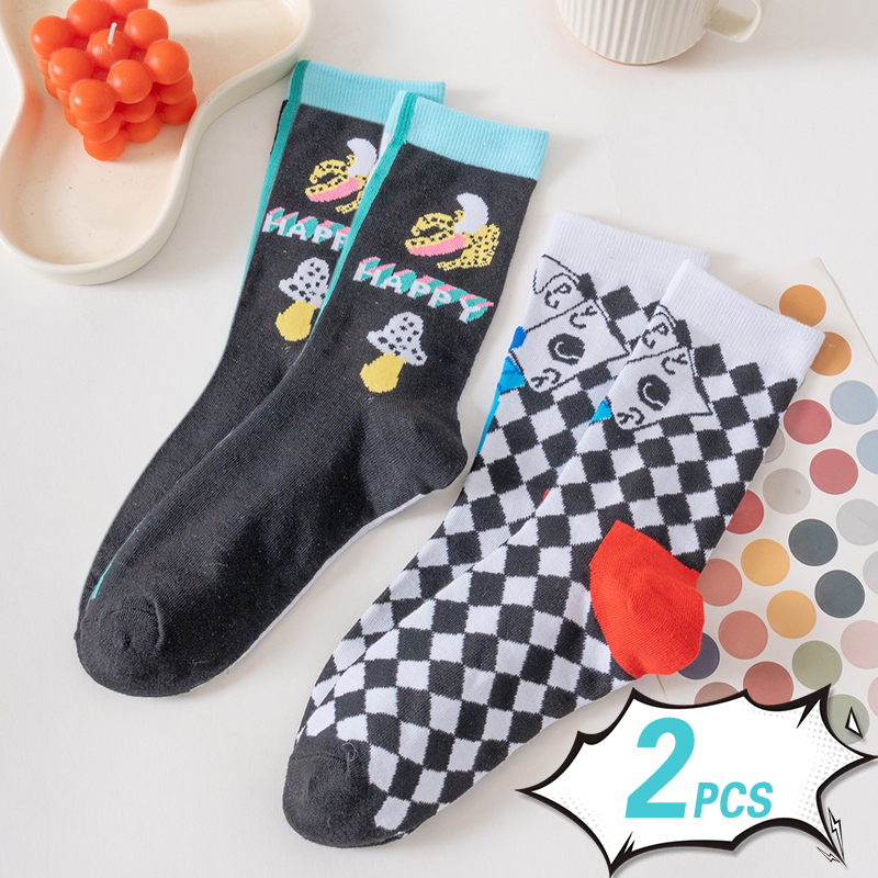 2 Đôi Tất Nam Vuông Tất Kẻ Sọc Nữ Thoáng Khí Nam Ván Trượt Cặp Đôi Vòng Tất Giữa bắp Chân Tất