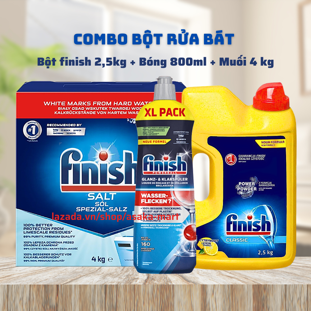 Combo Bột rửa bát finish Classic 2,5kg 2,2 kg 1,2kg+Muối finish 4kg+Bóng finish 800ml dùng cho máy rửa bát máy rửa chén