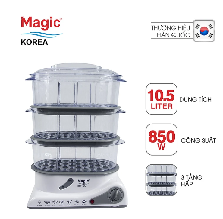 Nồi hấp 3 tầng,nồi hấp điện máy hấp thực phẩm đa năng 3 tầng magic korea a61 dung tích lớn hấp đa dạng món cùng lúc hấp thịt,rau,củ quả,cá,gà,trứng,khay nhựa abs cao cấp chịu nhiệt cao an toàn cho sức khoẻ,ngăn dễ tháo lắp