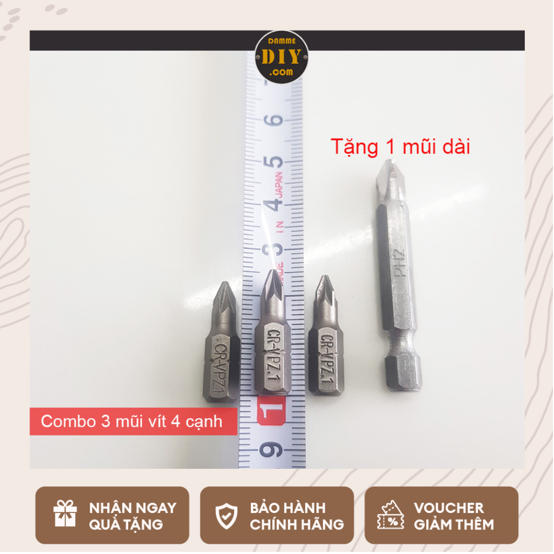 Combo 3 vít 4 cạnh dài 25mm tặng 1 mũi dài