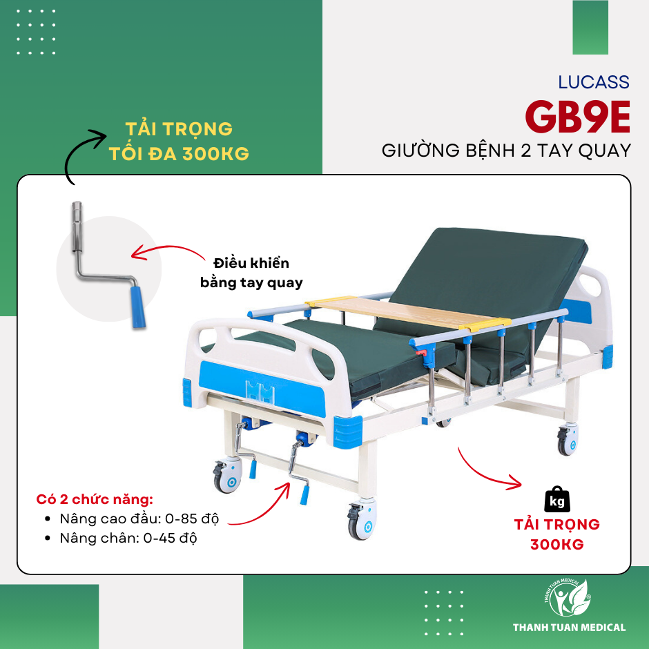 Giường Bệnh nhân 2 Tay Quay Lucass GB-C2 (GB-9E) - Giường y tế Nâng đầu và nâng chân, Giao hàng toàn quốc.