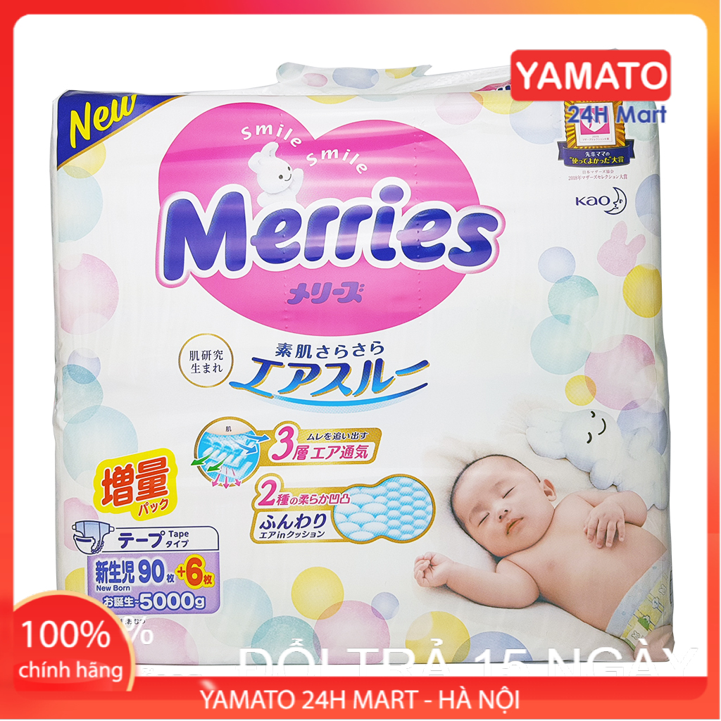 Tã dán bỉm merries size newborn nb 90+6 miếng cho bé dưới 5kg nội địa nhật bản, bỉm merries cộng miếng, bỉm size newborn, bỉm nhật, bỉm mỏng thấm hút tốt