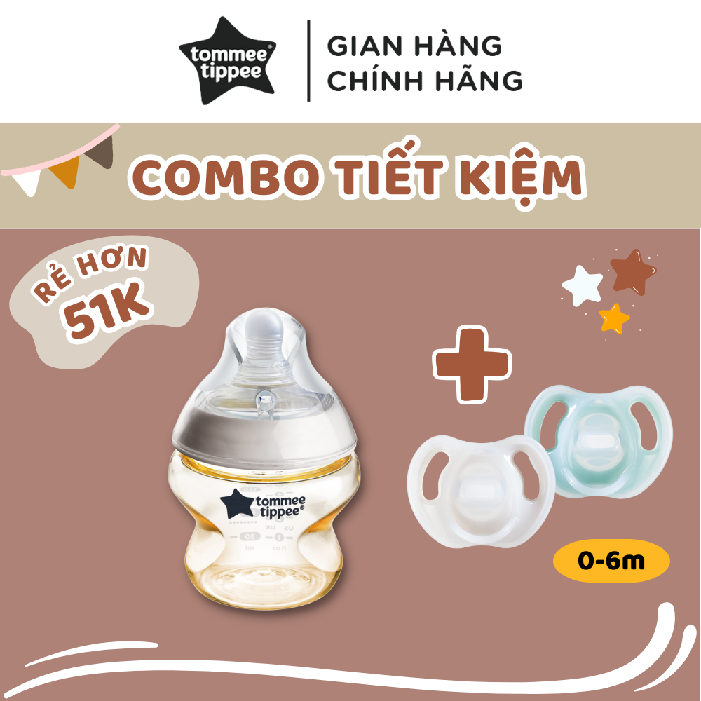 COMBO Ty ngậm silicon siêu nhẹ Tommee Tippee Ultra Light & Bình sữa PPSU ty siêu mềm tự nhiên Tommee Tippee 150ml