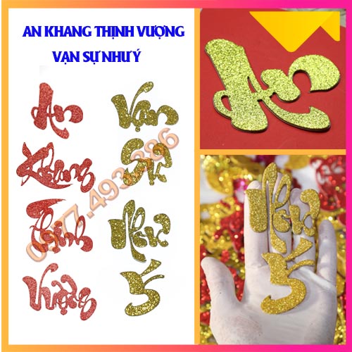 Chữ dán kim tuyến Thư Pháp -AN KHANG, THỊNH VƯỢNG, VẠN SỰ, NHƯ Ý[Trang trí dưa, dừa bưởi thư pháp]Th