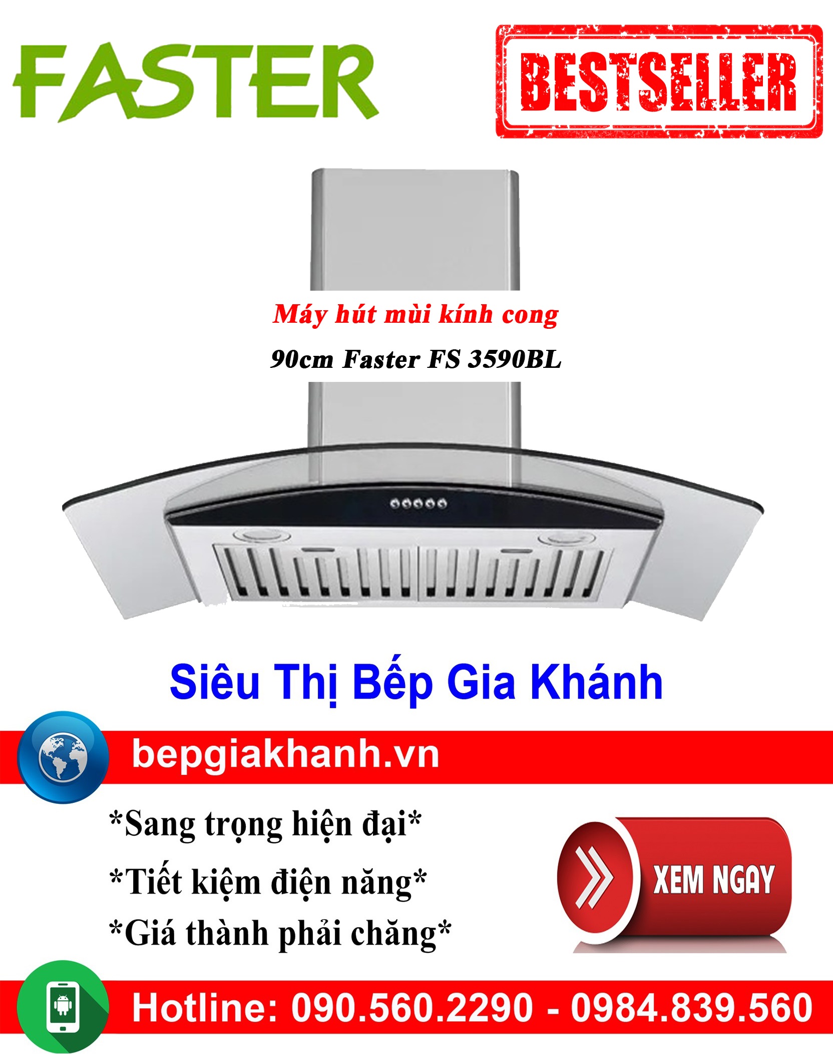 [HCM]Máy hút mùi dạng kính cong 90cm Faster FS 3590BL, máy hút mùi nhà bếp, máy hút mùi bếp, máy hút