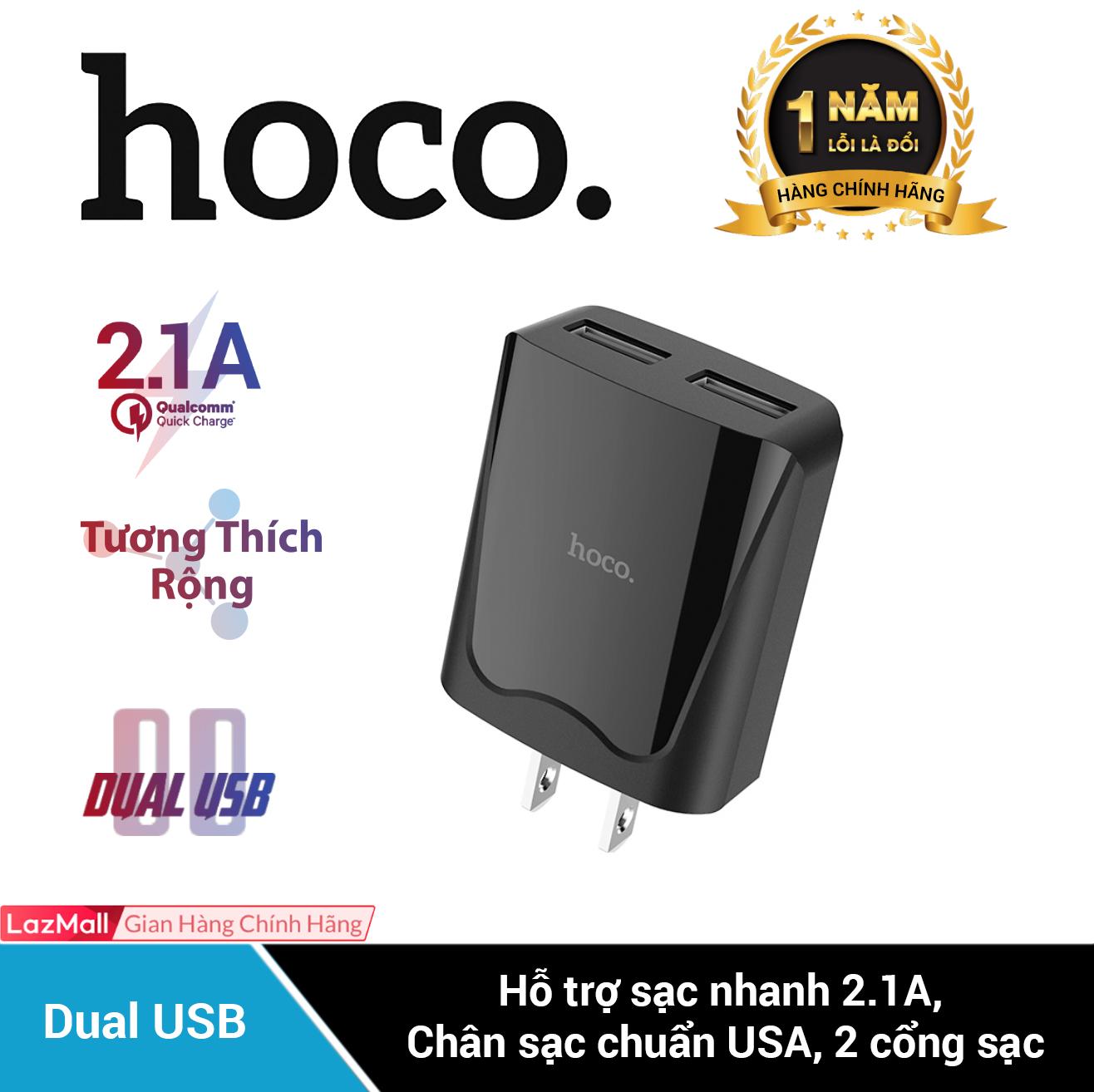 Củ sạc nhanh 2 cổng sạc Hoco C52 sạc nhanh 2.1A chân sạc chuẩn USA chất liệu PC siêu bền chống cháy nổ