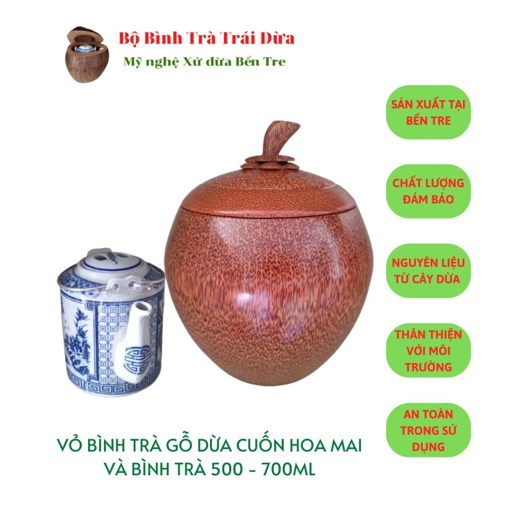 Bộ bình trà gỗ dừa cao cấp cuốn tay cầm hoa mai, tặng kèm bình trà - hàng mỹ nghệ sản xuất thủ công tại bến tre
