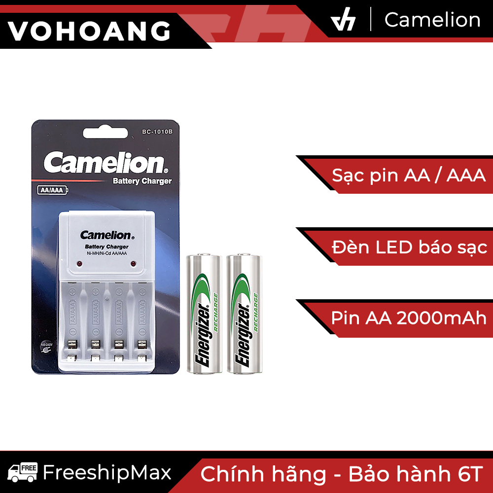 Bộ sạc camelion 1010b kèm 2 pin aa energizer 2000mah tray