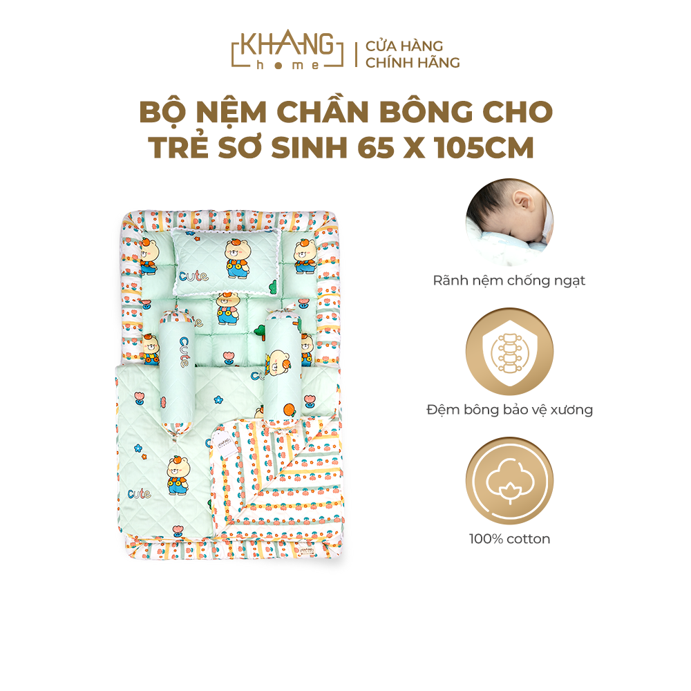Bộ Nệm Sơ Sinh Khang Home BBS06 - 100% Cotton Thiên Nhiên - Giúp Bé Ngủ Thẳng Lưng Không Cong Vẹo Cột Sống