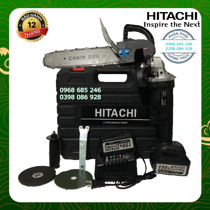 Máy mài cầm tay pin hitachi 199v không chổi than - 2 pin - tặng lưỡi cưa xích cắt gỗ, đá mài, đá cắt