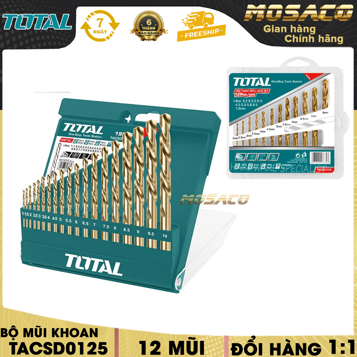 Bộ 12 mũi khoan kim loại total tacsd0125 nhiều kích thước. mũi khoan kim loại total, bộ 12 mũi khoan gỗ đầu dẹp, gồm size 2,2.5,3,3.5,4,4.5,5,5.5,6,6.5,7,8, đóng gói trong vĩ nhựa giấy - mosaco