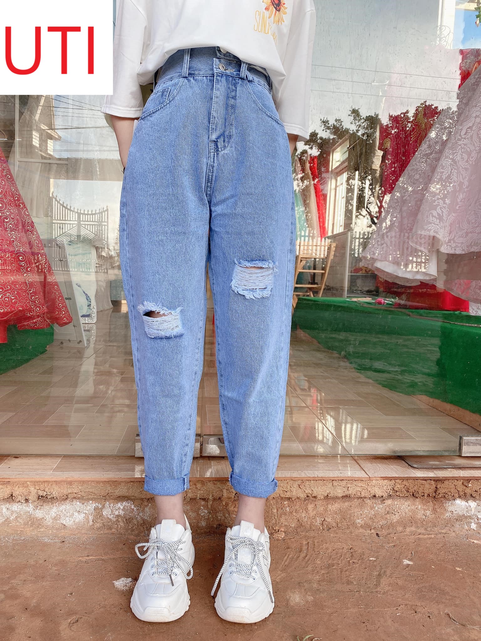 [ LẤT KHẤT ] QUẦN BAGGY JEAN NỮ LƯNG CAO LƯNG XẺ ĐĨA CHÉO RÁCH 2 GỐI TO MÀU XANH SIÊU PHÁ CÁCH UTI HOT TREND THỜI TRANG