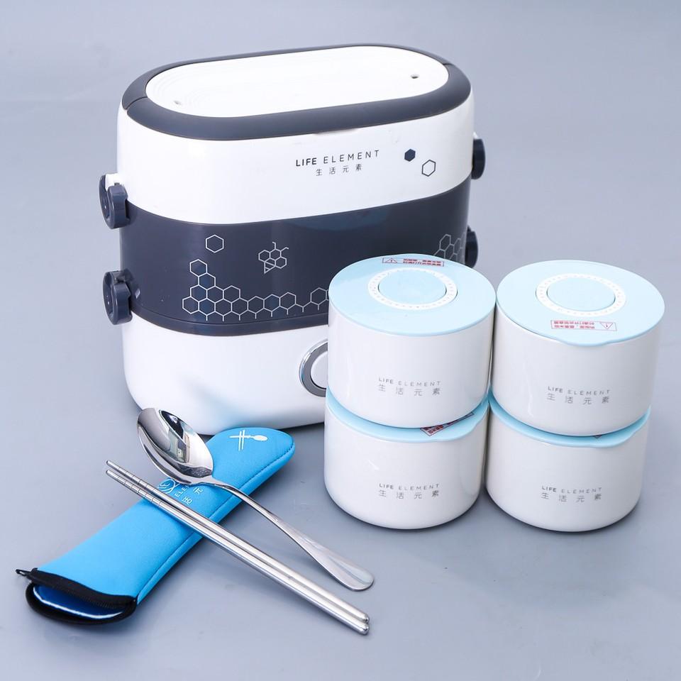 Hộp cơm hâm nóng bằng điện 4 bát gốm sứ cao cấp kiêm nồi cơm mini Life Element
