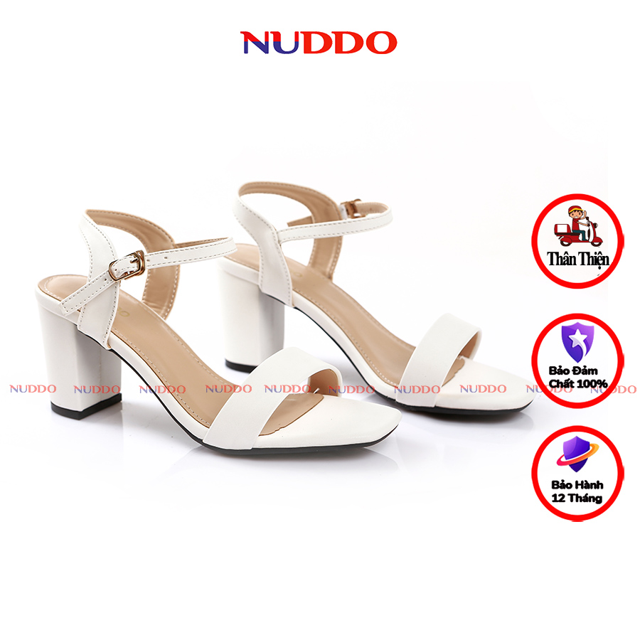 Giày sandal nữ cao gót NUDDO 7 phân quai ngang da lì gót vuông mũi vuông đẹp thời trang _N072