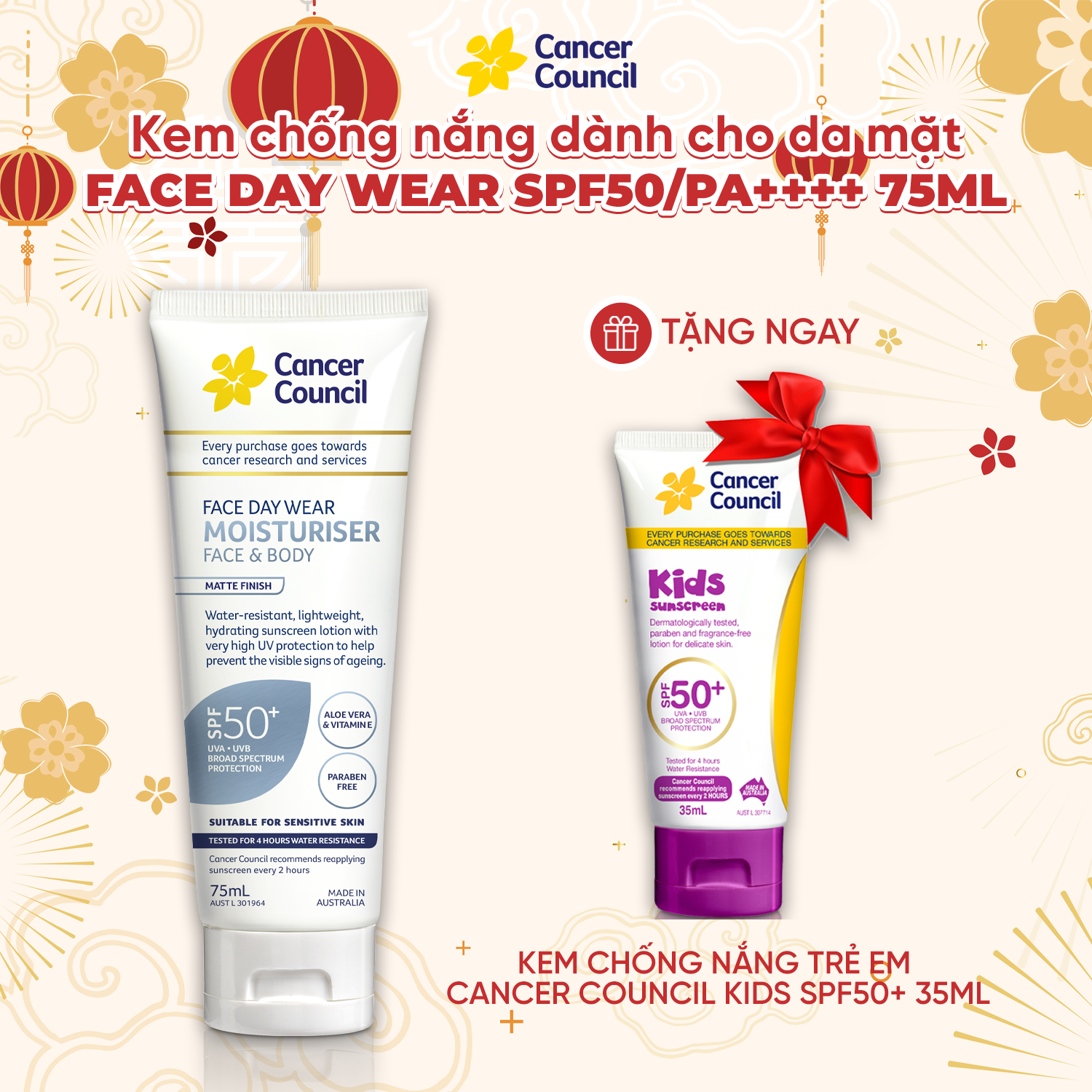 Kem chống nắng cho da mặt & body chống nước Cancer Council Face Day Wear