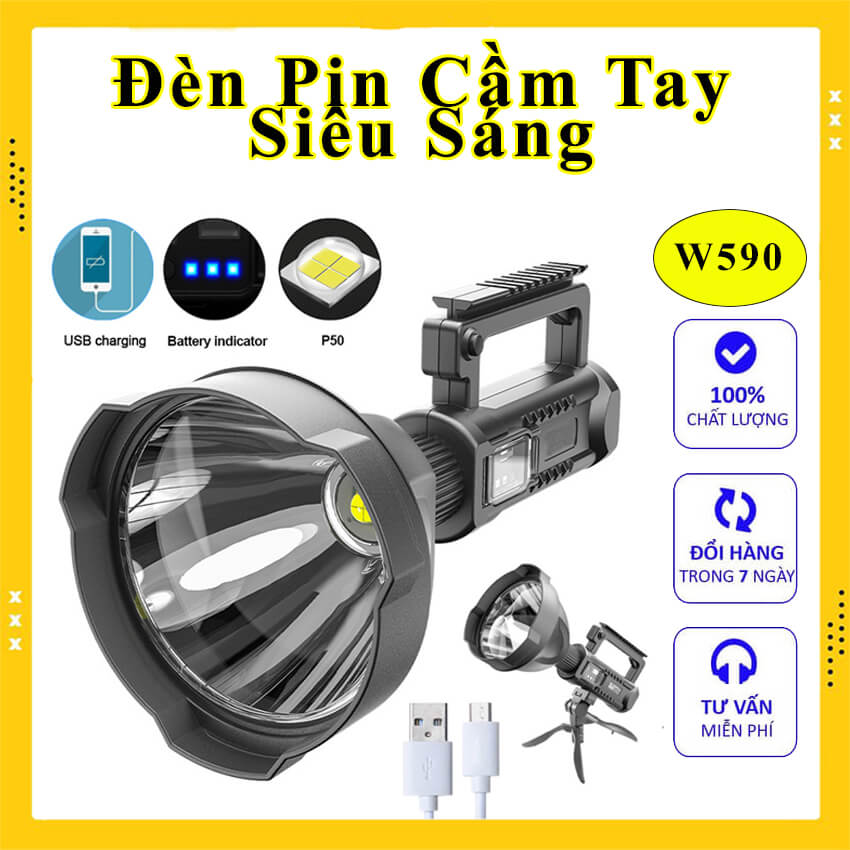 Đèn pin cầm tay siêu sáng chiếu xa 1000m có chân đế W590, Đèn pin cắm trại dã ngoại, đèn pin câu cá siêu sáng công suất lớn, Đèn pin tuần tra sạc điện 8000mAh