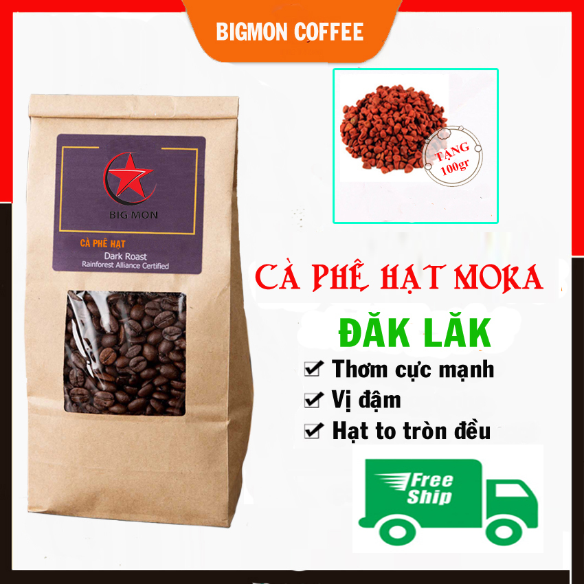 [Freeship+Quà Tặng]Cà Phê Hạt Rang Mộc Nguyên Chất Moka 500gr - CPHMK- Gu Đậm Thơm Mạnh-Bigmon
