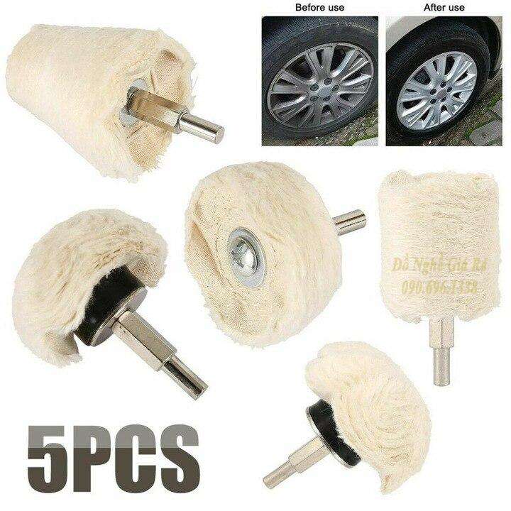 Bộ 5 Đầu Phớt Đánh Bóng Lông Cừu Vải Bông Trắng Đánh Bóng INox Xe Máy Ô Tô Gắn Cho Máy Khoan