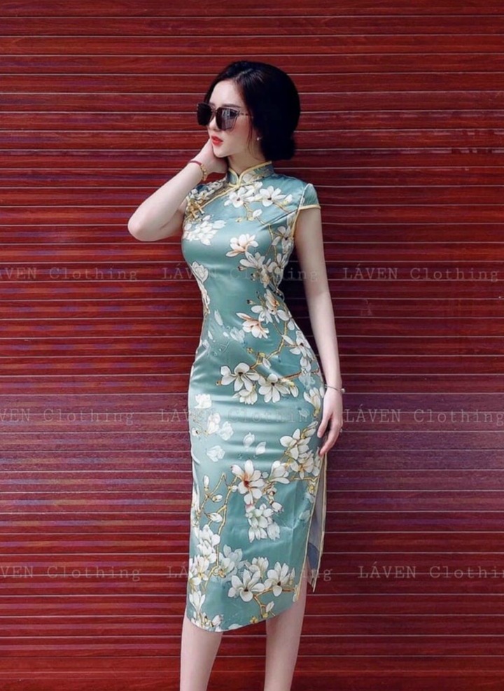 [Hoàn tiền 20%] [Mẫu Mới]Sườn Xám Cổ Trụ Thiết Kế Đặc Biệt Hoa Lá Tay Lỡ Siêu Sành Điệu HARI