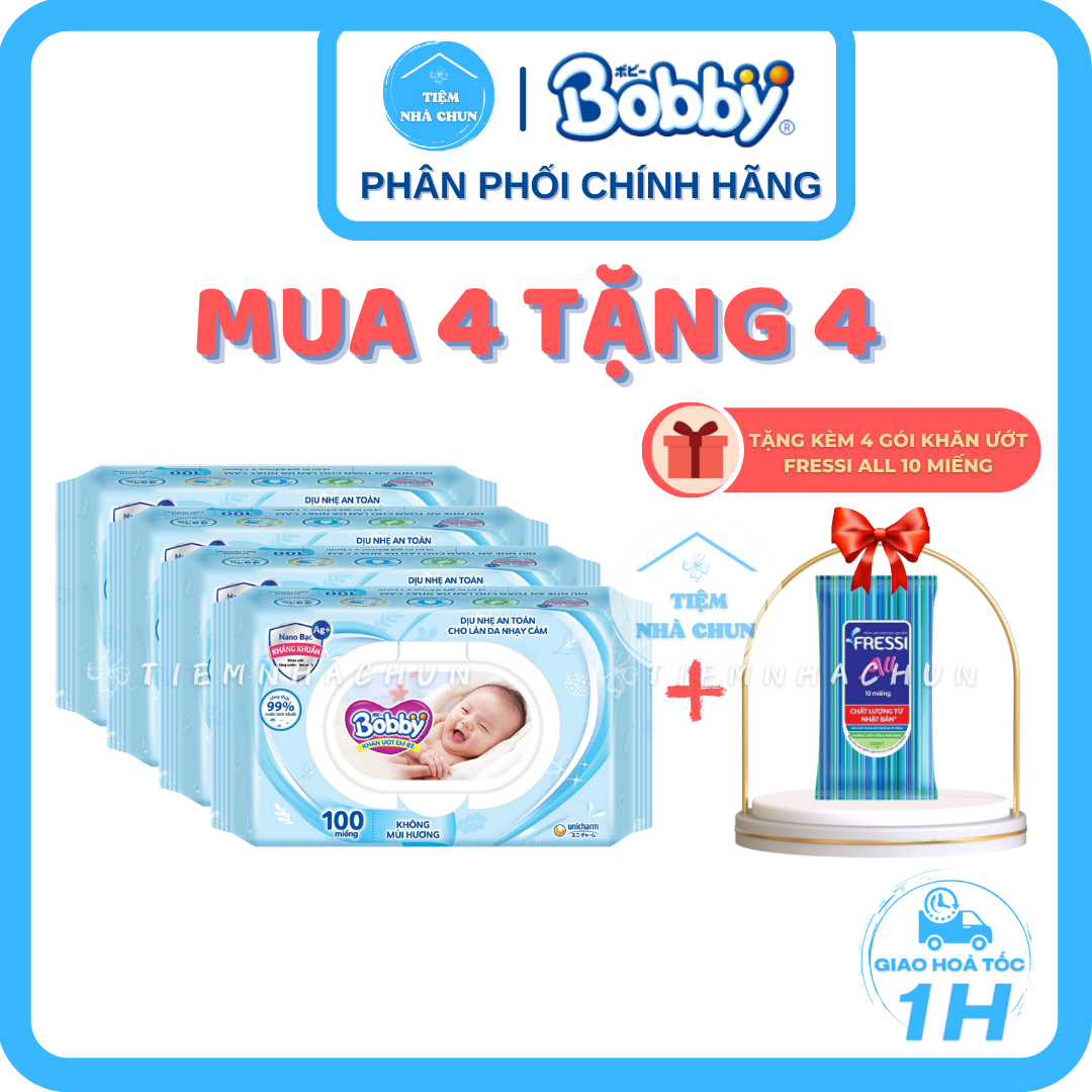 [KHĂN ƯỚT BOBBY] - Lốc 4 Gói 100 Miếng Khăn Giấy Ướt Em Bé Bobby Care Không Mùi/ Không Hương  (Bobby