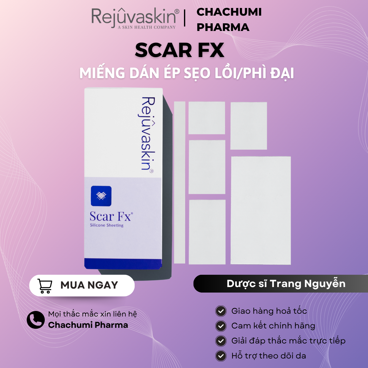 Rejuvaskin Scar FX  Miếng Dán Silicone Ép Sẹo Lồi / Phì Đại, Áp Lực Nhẹ 2,5cm / 7,5cm / 12,5cm / 20cm / 30cm