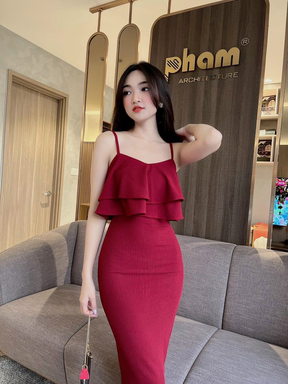 Đầm ôm body 2 dây phối tần bèo 2 lớp, chất thun gân nhẹ nhàng dễ thương mondx111