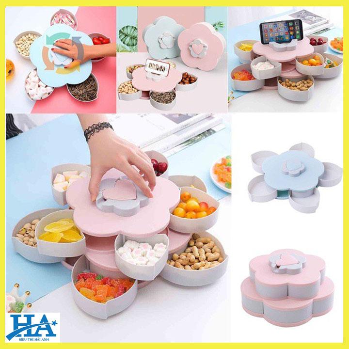 Khay mứt bánh kẹo tết 2 tầng xoay hình cánh hoa, hộp đựng mứt kẹo tết, khay đựng mức tết loại đẹp, khay đựng bánh mứt hình hoa, khay đựng mứt tết, khay đựng bánh kẹo tết GDHOAA163