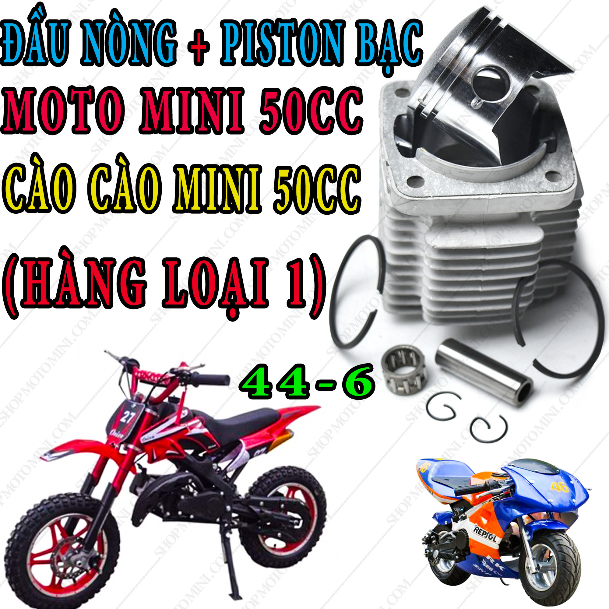 Đầu nòng pittong bạc xe cào cào mini 50cc | bộ hơi xe moto mini 49cc | Bộ cụm cối nòng piston bạc