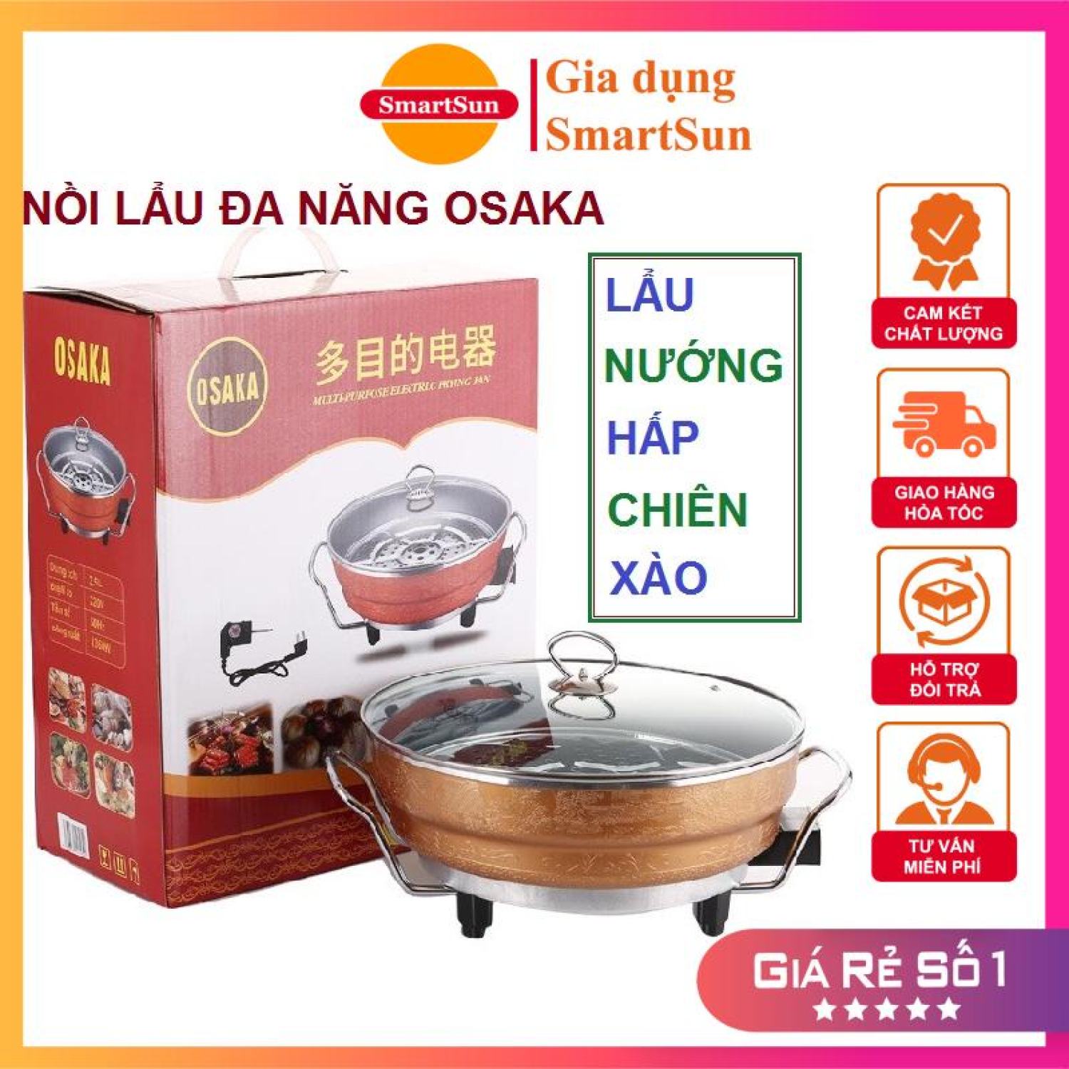 Nồi lẩu đa năng osaka nồi lẩu điện osaka xào, nấu, luộc, lẩu, nướng - gia dụng smartsun