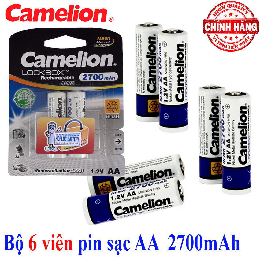 Bộ 6 Pin Sạc AA (2A) Camelion LockBox Rechargeable Accu / AlwaysReady 2700mAh - 1.2V .