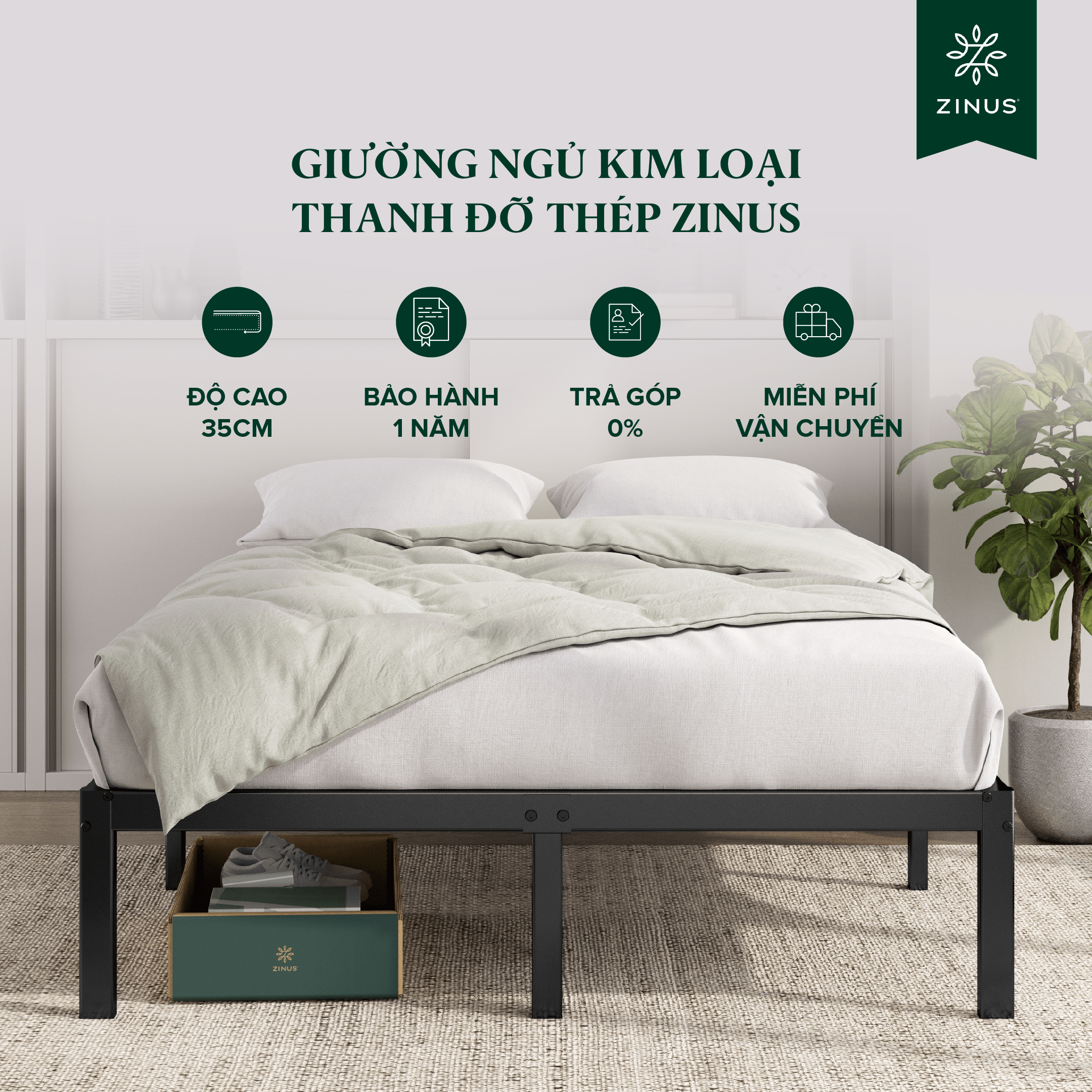 Giường Sắt Với Thanh Đỡ Bằng Thép - 16in Metal Platform Bed Frame with Steel Slat Support