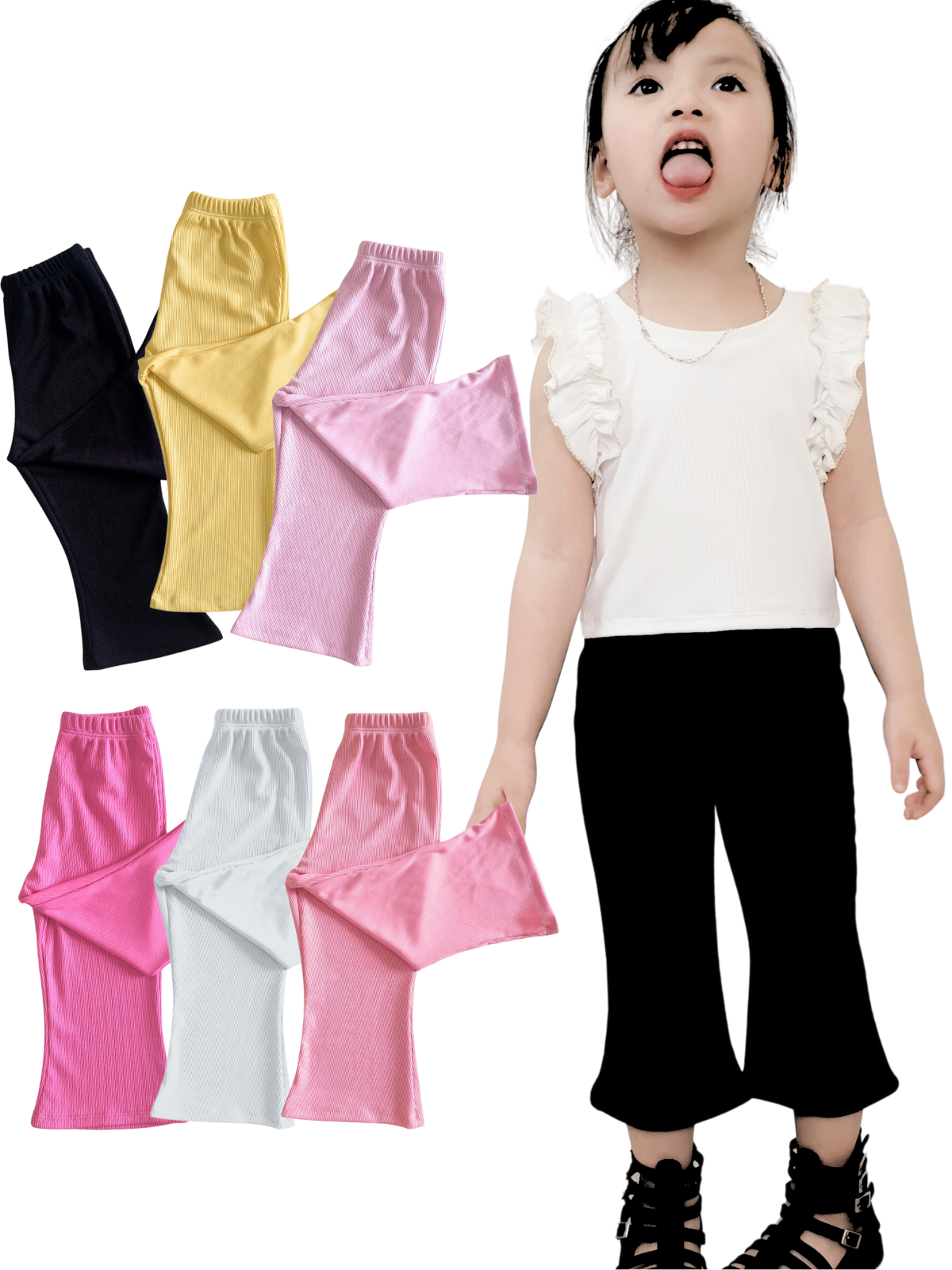 Quần lửng bé gái trơn ống loe vải thun tăm. Quần áo thun lạnh Ola_official