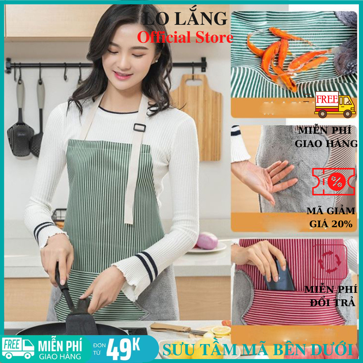 Tạp dề nấu ăn, Tạp dề nhà bếp tiện lợi chống bám dầu mỡ, họa tiết kẻ sọc, Tạp dề chống thấm có túi đựng đồ, Tạp dề siêu đẹp cho mẹ