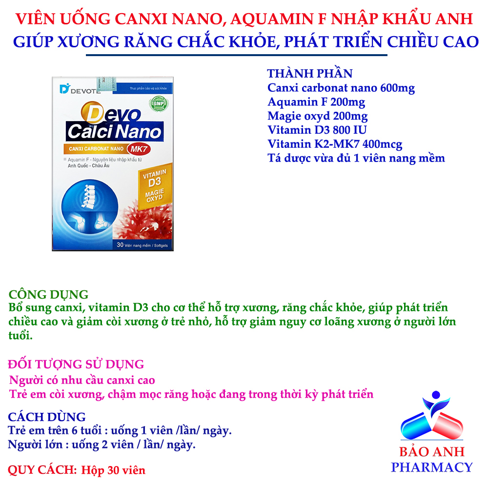 Viên uống bổ sung Canxi nano, Vitamin D3, MK7 giúp phát triển chiều cao, xương chắc khỏe DEVO Calci Nano MK7 – Hộp 30 viên