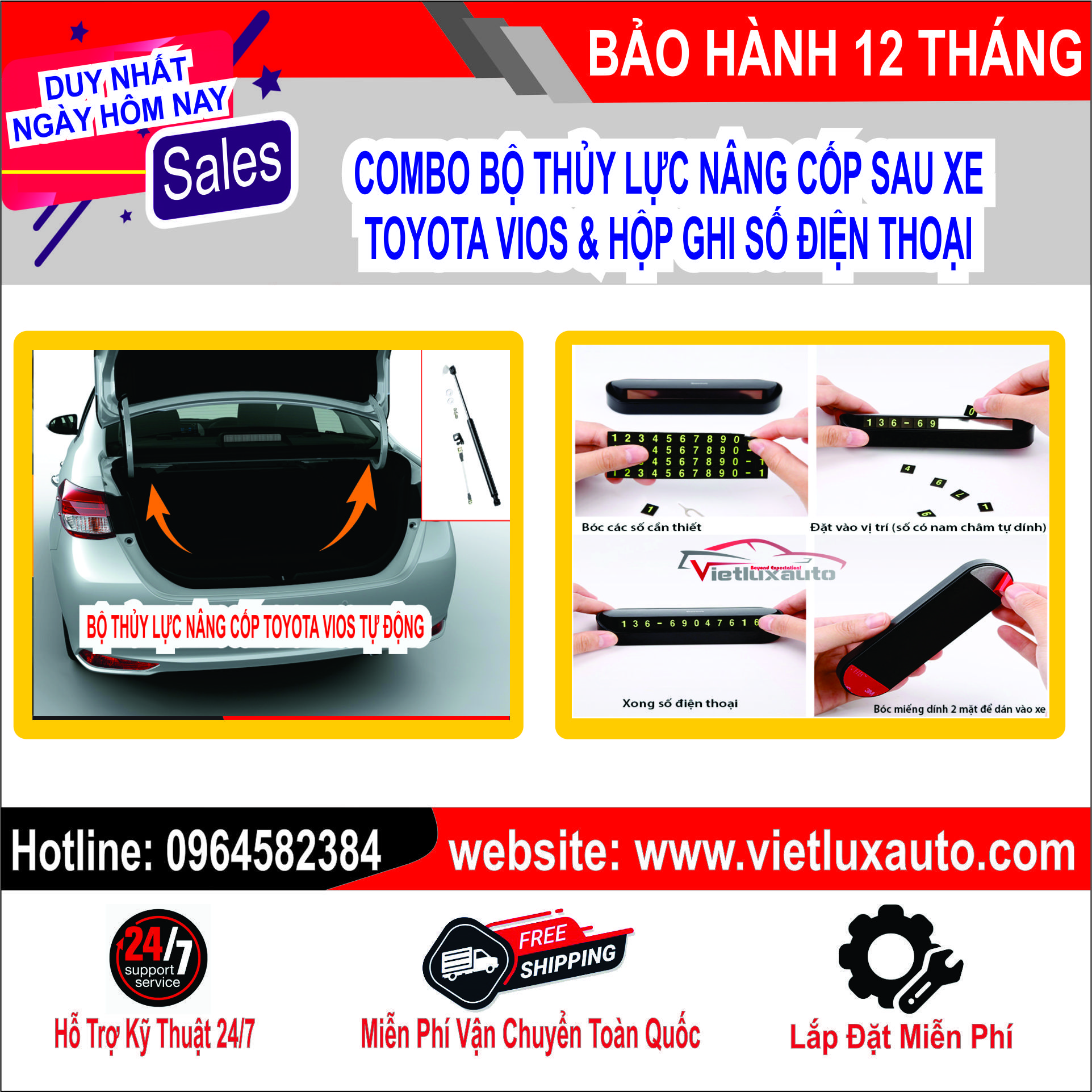 Combo thủy lực nâng cốp sau xe toyota vios & hộp ghi số điện thoại