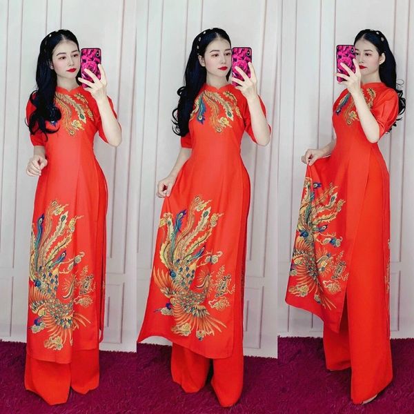 Áo dài cách tân in hình chim phụng áo dài cách tân vải lụa mango cao cấp co giãn nhẹ thoải mái áo dài cách tân cao cấp