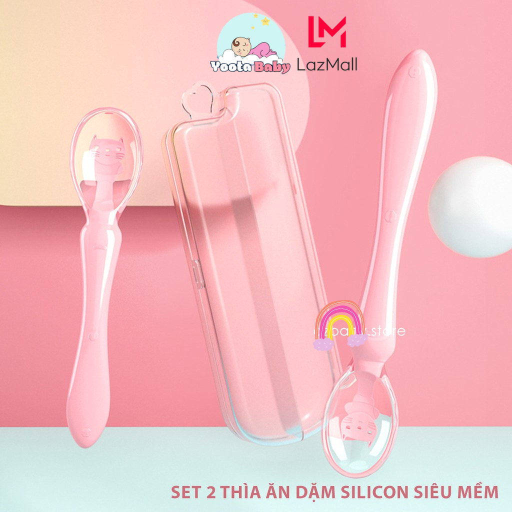 Set 2 thìa ăn dặm cho bé bọc silicon bảo vệ nướu kèm hộp đựng yoota baby