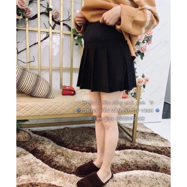 Chân váy bầu xếp li dáng ngắn chất u mì
