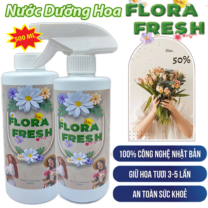 Nước Dinh Dưỡng Cho Hoa 7 Ngày FLORA FRESH 500ml Chính Hãng-Cắm Dưỡng Hoa Tươi Lâu Gấp 3 Lần, Giảm Thối Nước Kèm Vòi Xịt