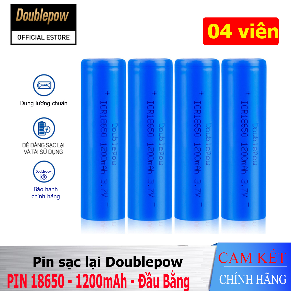 [04 viên] Pin sạc 18650 - 1200mAh đầu bằng (xanh) chính hãng Doublepow, Pin Lithium 3,7V - 18650 dung lượng thực 1200mAh