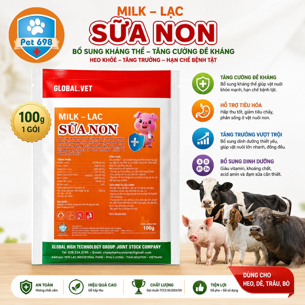SỮA NON MILK-LAC gói 100g Bổ sung kháng thể, vitamin, acid amin cho heo con, dê con, bê nghé và gia súc non.