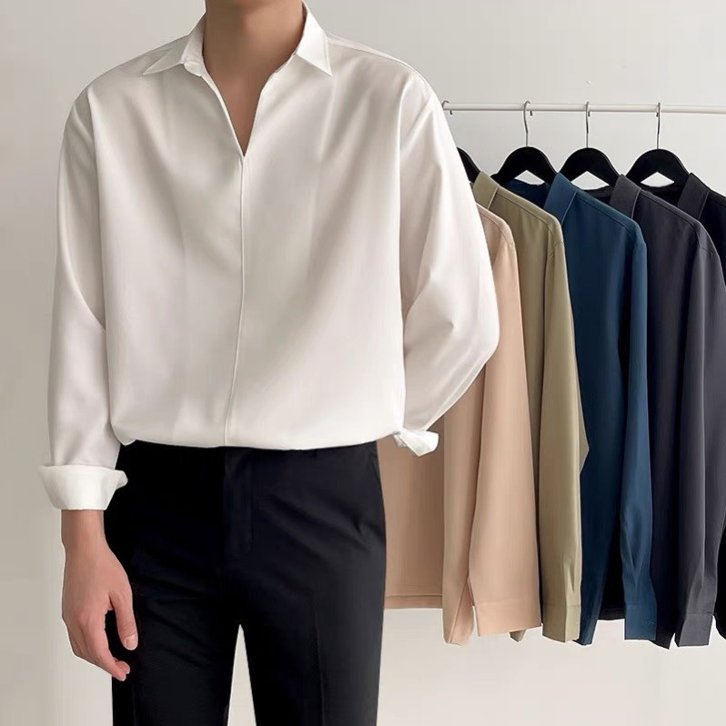 Áo sơ mi nam cổ V thiết kế, tay dài from rộng, chuẩn style Hàn Quốc